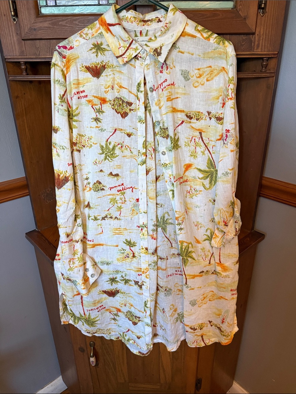 C&C California Tropical Island Linen-Blend Button-Front Shirt Dress - Medium